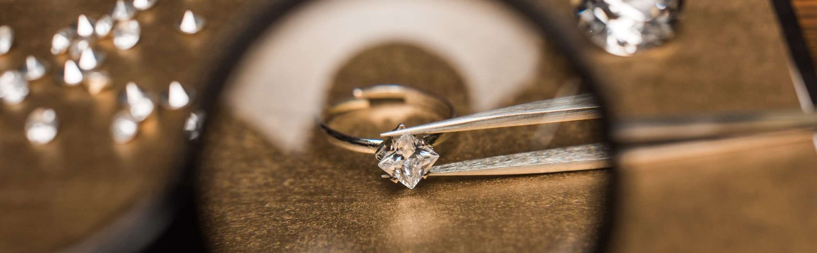 princess cut diamond ring held by tweezers