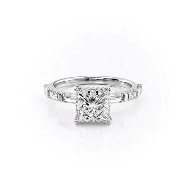 Princess Solitaire Hidden Halo Baguette Pavé